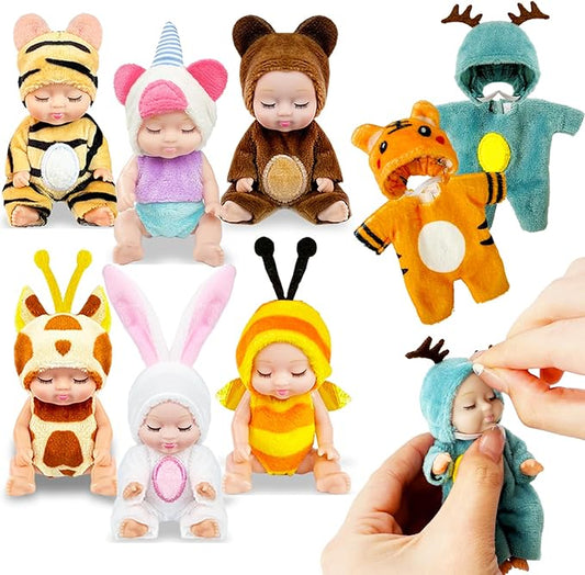 Haawooky 6 Pcs 4 Inch Mini Baby Dolls,Cute Small Baby Doll Toys with 8 Pcs Animal Clothes,Lifelike Realistic Reborn Tiny Baby Dolls for Kids Baby Shower Easter Basket Birthday Gifts