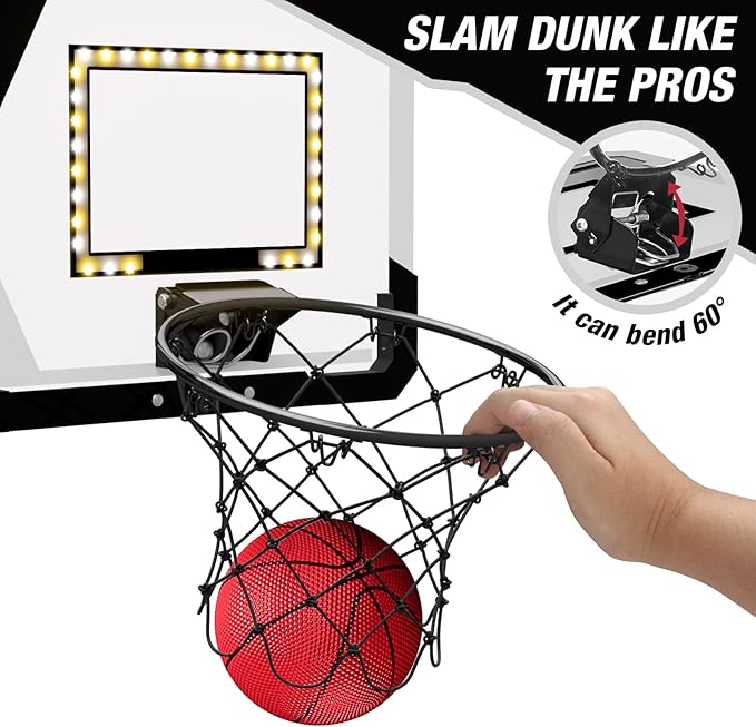 2 Player Basketball Game, Dual Shot Over The Door Mini Basketball Hoop Indoor with Scoreboard & LED, Basketball Toy Gifts for Kids Boys Girls Adults, Suit for Bedroom/Office/Outdoor/Pool, Black