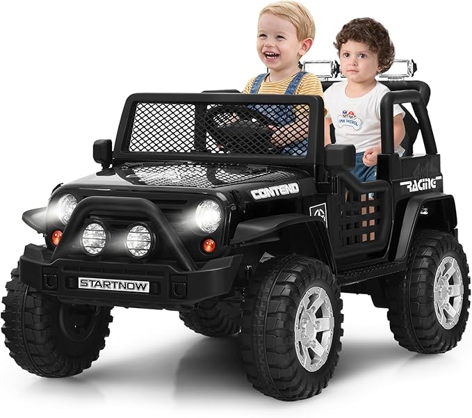 Costzon 2-Seater Ride on Truck, 12V Battery Powered Electric Vehicle w/Remote Control, 2 Speeds, Spring Suspension, LED Light, Horn, Music/ MP3, 2 Doors Open, Ride on Car for Kids (Black)