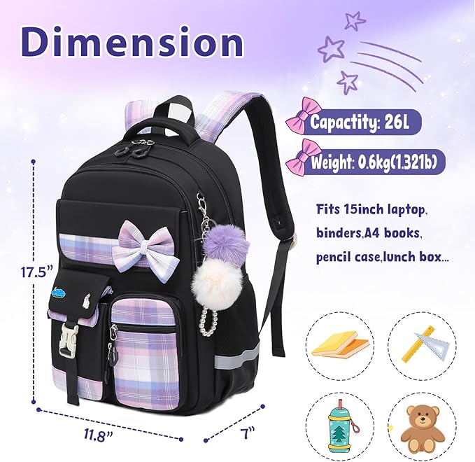 School Backpack for Girls Kids Bookbag for Elementary Middle School Casual Travel Daypack Teen Backpacks Black