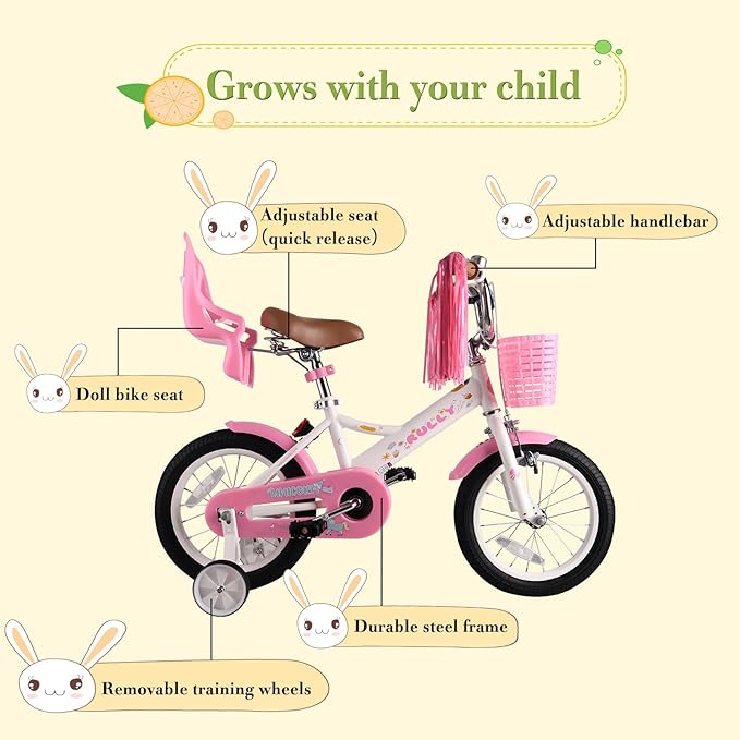 RULLY Kids Bike 12 14 16 inch for 2-7 Years Girls with Training Wheels & Front Handbrake, Kids Bicycle with Basket Bike Streamers Toddler Cycle Bikes