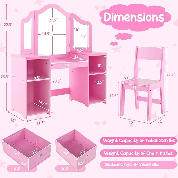 Costzon Kids Vanity, 2 in 1 Princess Makeup Desk & Chair Set with Tri-Folding Mirror, 4 Storage Bins, Wooden Toddler Vanity Dressing Table, Vanity Set for Little Girls (Pink)