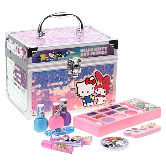 Hello Kitty & Friends Train Case Beauty Set, Kids Makeup Kit for Girls, Real Washable Makeup Set, Play Makeup, Party Favor, Birthday, Ages 3 4 5 6 7 8 9 10 11 12 by Townley Girl