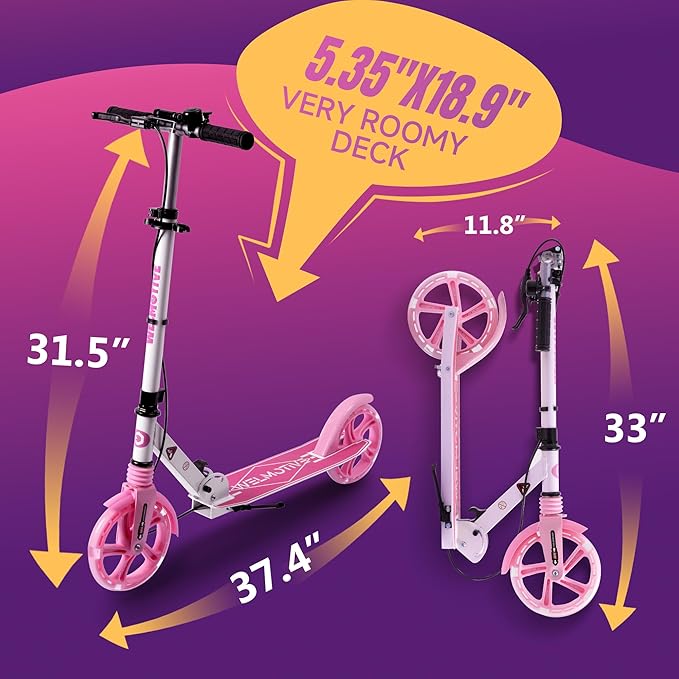 Kick Scooter for Kids Ages 8+ Teens & Adults, with Front handbrake and Rear Brake, and Adjustable Handlebars, Big Sturdy PU Flash Wheels Great Gift & Toy