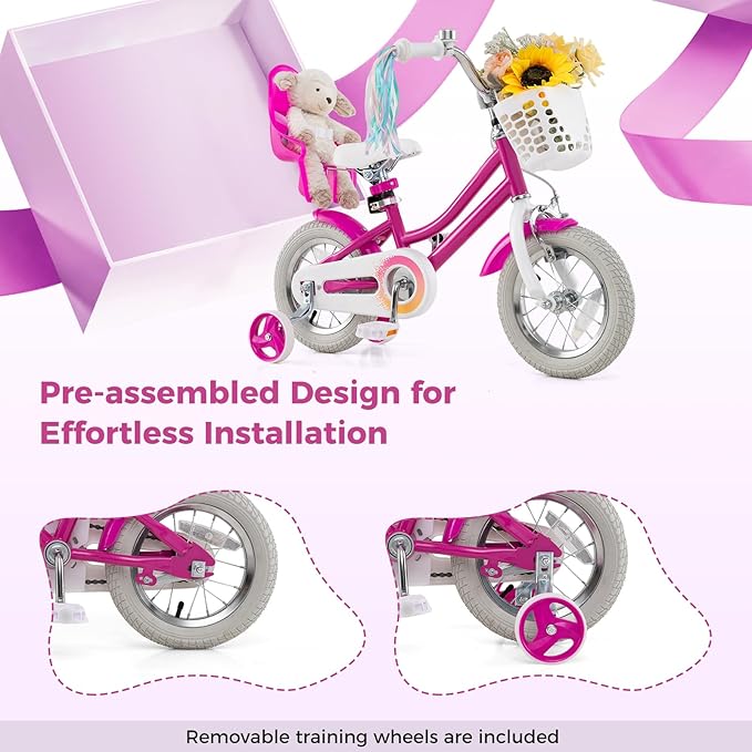 BABY JOY Kids Bike, 12 14 16 18 Inch Children Bicycle w/Detachable Training Wheels, Storage Basket, Adjustable Seat & Handlebar, Bow or Streamer, Girls Bike for 3-8 Years Old
