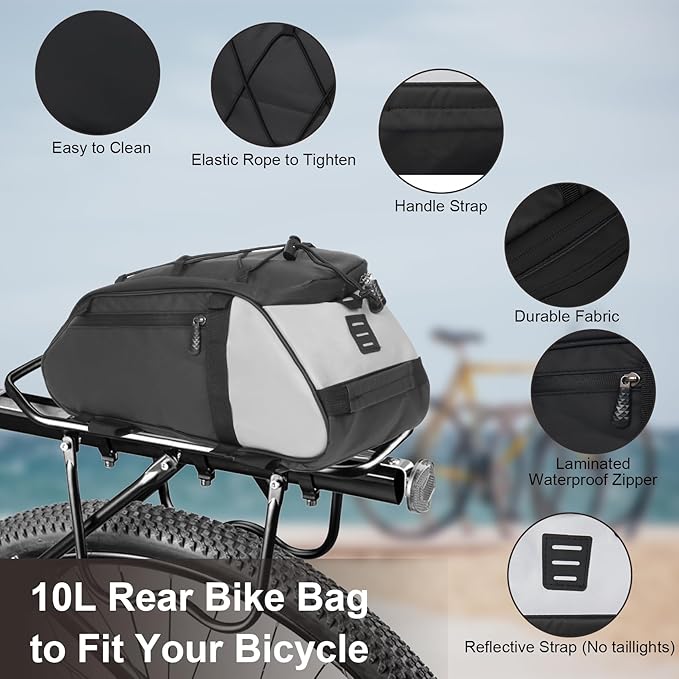 Dreamoon Waterproof Bike Rear Rack Bag, 10L Large Capacity Bicycle Trunk Bag, Reflective Cycling Saddle Panniers with Shoulder Strap, Bike Backseat Bag for Commuter & Outdoor Travel