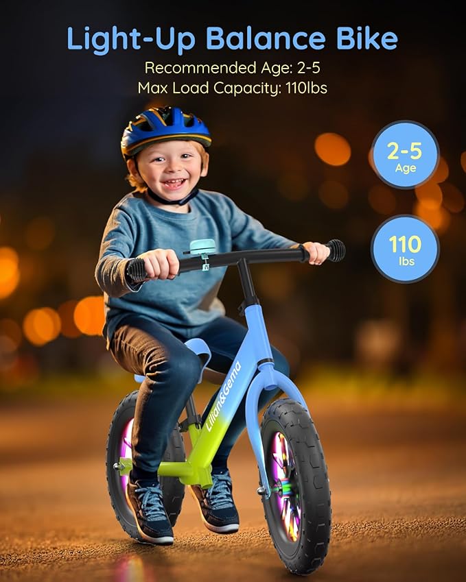 Lilian&Gema Toddler Balance Bike Colorful Lighting, 12'' Kids Balance Bike for 2-5 Years Old with Adjustable Seat & Handlebar, Toddler Gift Bike Suitable for Boys and Girls Ages 2 3 4 5