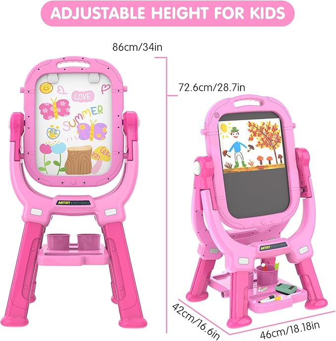 Easel for Kids, Toddler Art Easel Adjustable Standing, Magnetic Double Sided Easel with Painting Accessories, Gift for Girls (Light Pink)