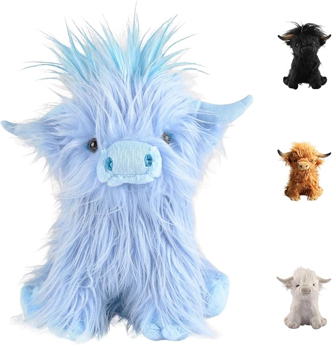 Highland Cow Fluffy Stuffed Animal, 10" Adorable Realistic Plush Toy Soft Cute Cow Plushie Home Decor Gift for Boys Girls Kids Teens Adults, Blue