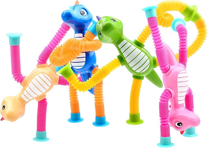 4Pcs Telescopic Suction Cup Dinosaur Toys,Sensory Toys for Kids 3-5 5-7,Toddler Toy,Fidget Toy,Toddler Travel Essential for Airplane,Pop Tubes, Christmas Stocking for Kids Boys Girls B