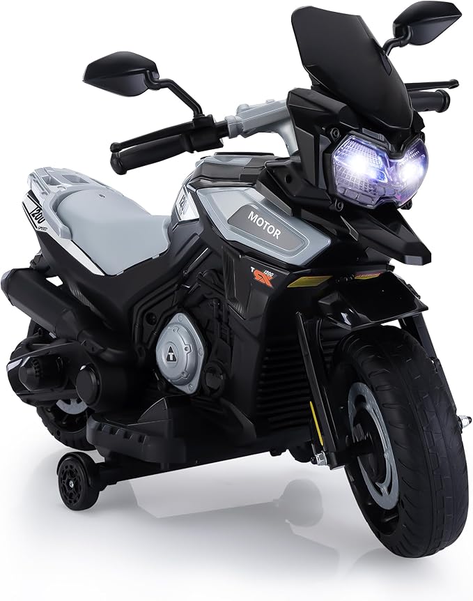 TOBBI 12V Electric Motorcycle for Kids Ride on Toys Toddler Motorbike Battery Powered Off-Road Dirt Bikes w/Music/Headlights/Training Wheels, Gifts for Boys & Girls, Silver