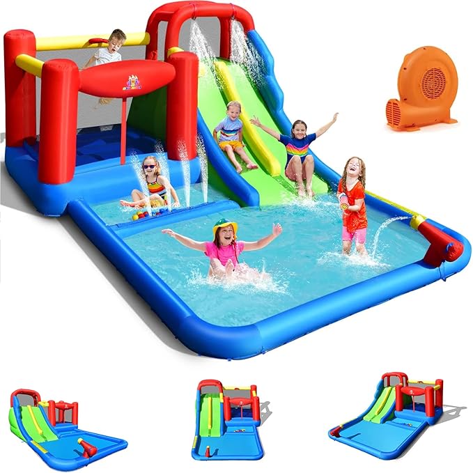 BOUNTECH Inflatable Water Slide, 7-in-1 Dual Slides Kids Water Park Jump Castle, Water Slides Inflatables for Outdoor w/Big Splash Pool, Kids Backyard Party Water Slide Bounce House with Blower