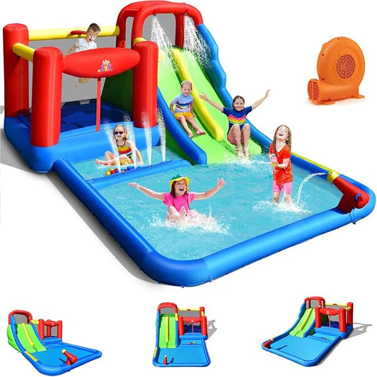 BOUNTECH Inflatable Water Slide, 7-in-1 Dual Slides Kids Water Park Jump Castle, Water Slides Inflatables for Outdoor w/Big Splash Pool, Kids Backyard Party Water Slide Bounce House with Blower