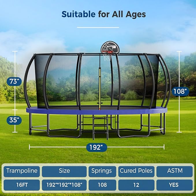 Tatub Large Trampolines Outdoor 10 12 14 15 16FT for Kids and Adults,Outdoor Recreational Pumpkin Trampolines with Curved Poles and Safety Enclosure Net, Basketball Hoop, Ladder