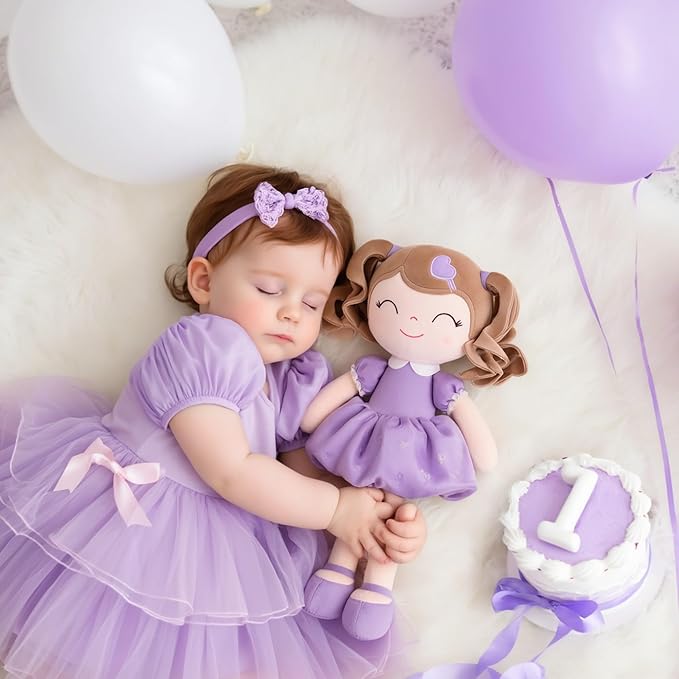 Gloveleya Baby Doll Gifts Plush Curly Girl Toys with Love Purple Light Skin