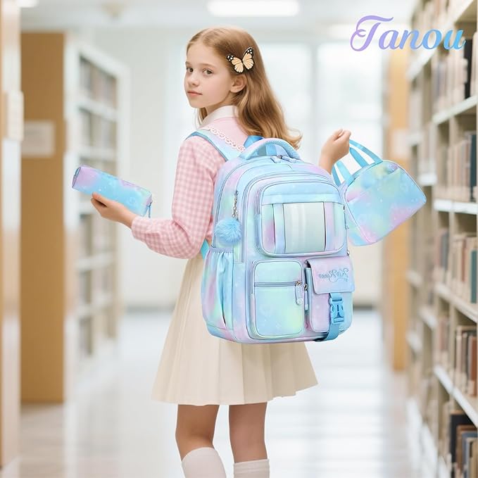 Tanou Backpack with Lunch Box for Girls, Kawaii Set School Bag for Kid Elementary Middle School, Aesthetic Laptop Bookbag Lightweight, Blue