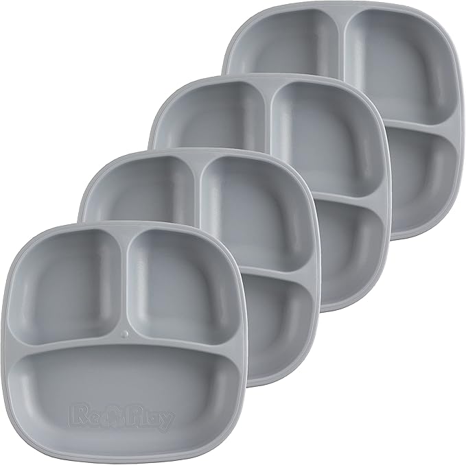 Re-Play Toddler Plates with Dividers - Deep-Walled 3 Compartments Divided Plates for Kids - Dishwasher & Microwave Safe - Made in USA - Set of 4-7.37" x 7.37" x 1.25" - Grey