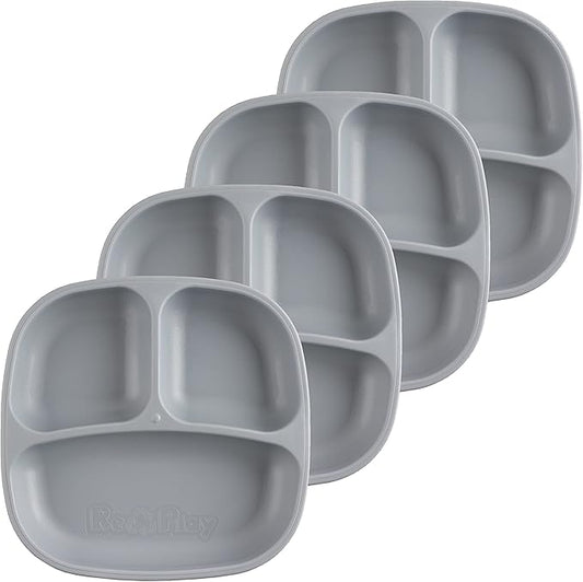 Re-Play Toddler Plates with Dividers - Deep-Walled 3 Compartments Divided Plates for Kids - Dishwasher & Microwave Safe - Made in USA - Set of 4-7.37" x 7.37" x 1.25" - Grey