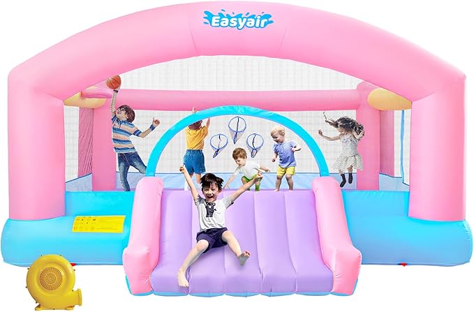 Large Bounce House for Big Kids, 14.8 x 14.5 FT Inflatable Bouncer Jumper Slide with 650W Blower, Basketball Hoop, Throw Ball Game, Ball Pits (Pink, 177" L x 174" W x 94" H)