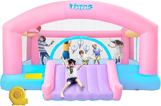 Large Bounce House for Big Kids, 14.8 x 14.5 FT Inflatable Bouncer Jumper Slide with 650W Blower, Basketball Hoop, Throw Ball Game, Ball Pits (Pink, 177" L x 174" W x 94" H)