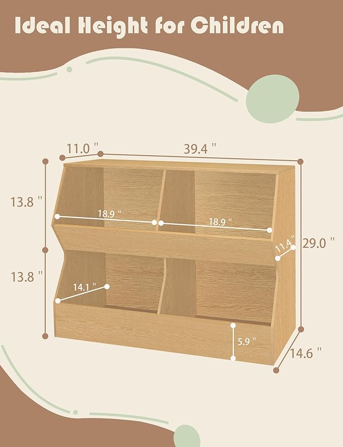 DINZI LVJ Kids Bookshelf, Toy Storage Organizer, Wooden Toy Storage Cabinet, 4 Cubby Children Bookcase, 39.4" L Toddler Book Shelf for Bedroom, Nursery, Hallway, School, Natural