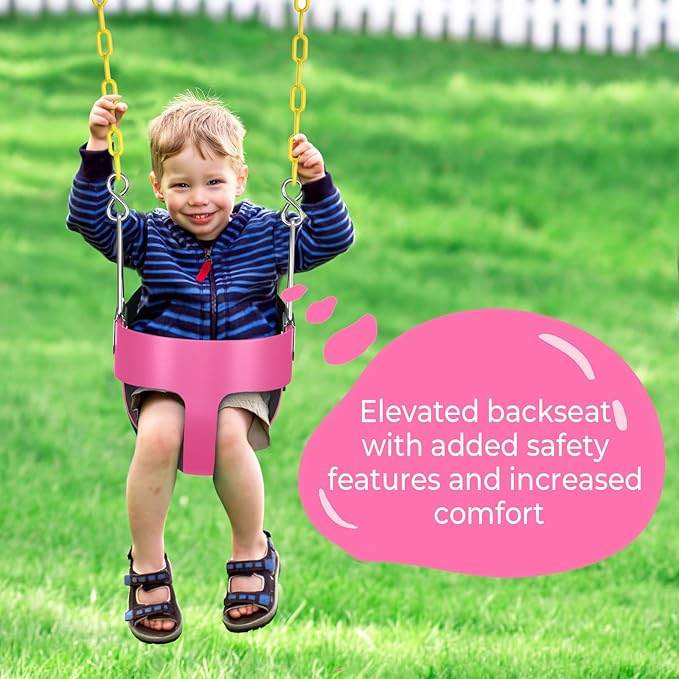 AGPTEK High Back Full Bucket Toddler Swing Seat with Yellow Coated Swing Chains and Carabiners Baby Swing Outdoor for Easy Install (Pink)