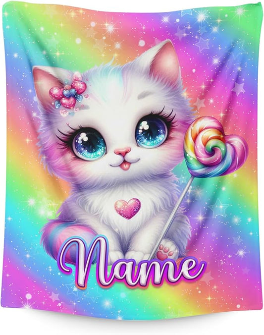 Blanket for Kids Toddlers Girls Age 3-5 Personalized Cute Cat Themed Stuff Throws, 30x40 Inches Small Soft Fluffy Warm Customized Name Cat Prints Throws Gifts for Sofa Chairs Lap