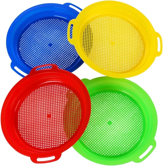 Sand Sifters Sieve for The Beach Sand Toys (Red, Blue, Yellow & Green) Complete Gift Set Bundle-4Pack(8.75x 9.75in)…