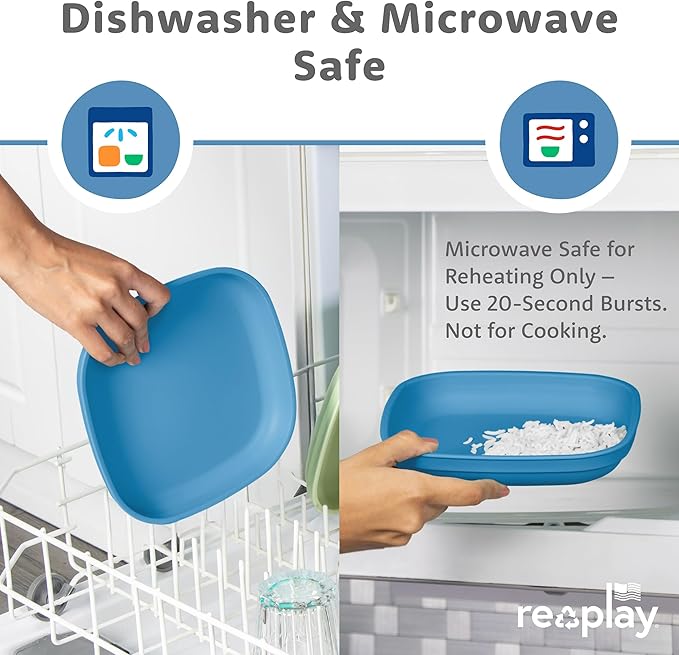 Re-Play Toddler Plates - 22 Oz. Deep-Walled Flat Kids Plates - Dishwasher & Microwave Safe - Made in USA - Set of 4-7.37" x 7.37" x 1.25" - A True Blue