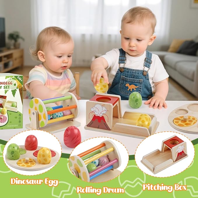 Montessori Toys for 6 Month Old, Wooden Baby Toys for 6 7 8 9 Month Old Dinosaur Egg Ball Drop Toy Wooden Puzzles Spinning Drum Baby Ball Toy for Infant Toddlers 1 2 3 Christmas Birthday Gift