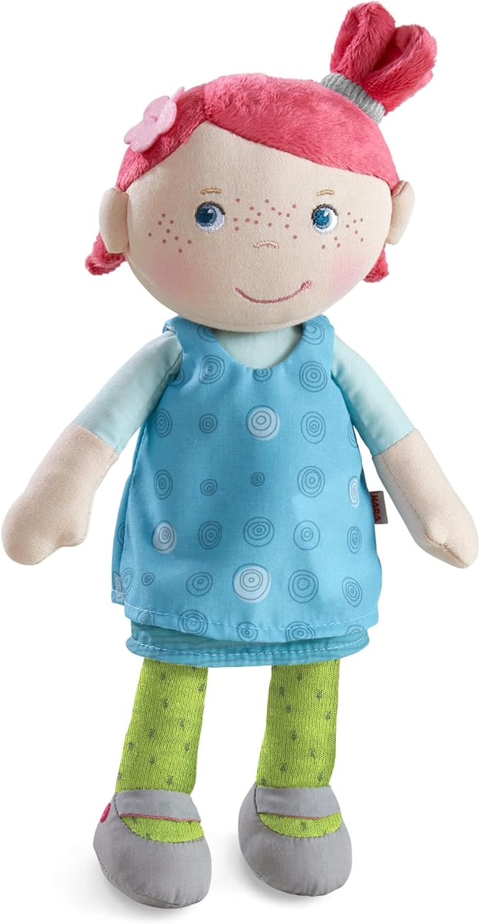 HABA Snug Up Philine - 10" Soft Doll with Embroidered Face, Pink Pigtail and Removable Blue Dress - Machine Washable - Perfect First Doll and Stuffed Cuddle Companion for 18 Months and Up