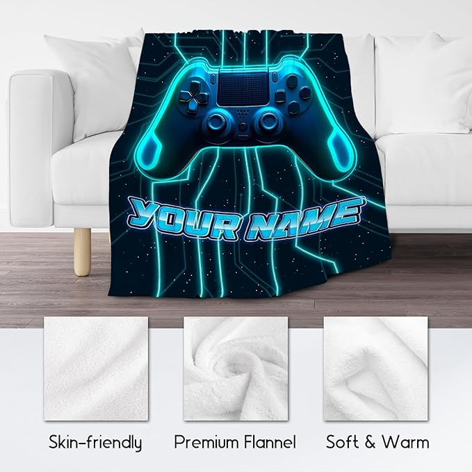 Custom Blankets for Boys - Cool Gamer Blanket Gifts - 4 Sizes Cozy Soft Flannel Gaming Throw for Couch, Office