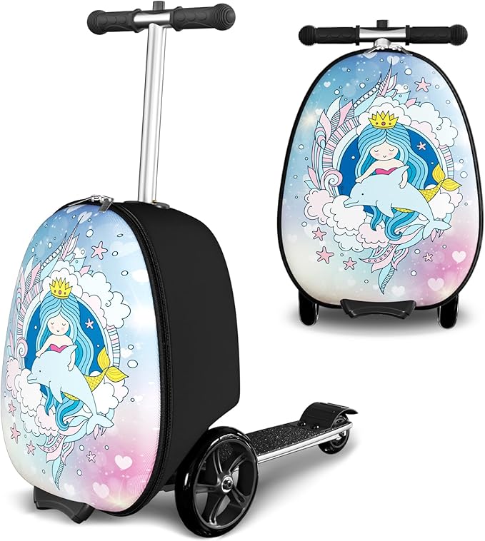 Scooter Suitcase for Kids, 2 in 1 Ride-on Luggage with Flash PU Wheels, Adjustable Handle & TPR Non-Slip Grip, Foldable & Lightweight, Ages 5-12