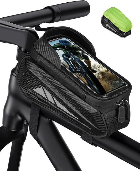 Bike Phone Holder Bag, EVA Waterproof Bicycle Front Frame Bag, Bike Accessories Cycling Pouch with Sensitive TPU Touch-Screen, Bicycle Phone Mount with Rain Cover for Phone under 6.5"(Black, 6.5 inch)