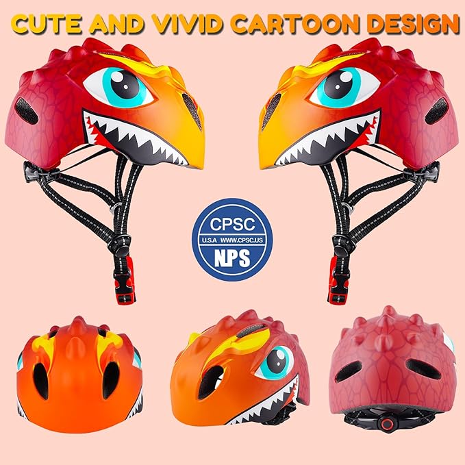 Toddler Helmet Kids Bike Helmet for 2 3 4 5 6 7 8 Years Old Girls with 3D Dinosaur Design Protective Gear Set and Safety Certified, Toddler Bike Cycling Skating Skateboard Scooter Helmet