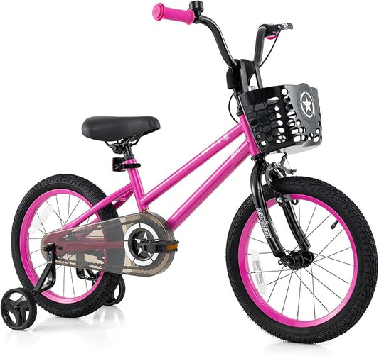 BABY JOY Starry Kids Bike, 12 14 16 18 Inch Bicycle with Training Wheels, Storage Basket, Adjustable Handlebar & Seat, Handbrake & Coaster Brake, Girls Boys Bike