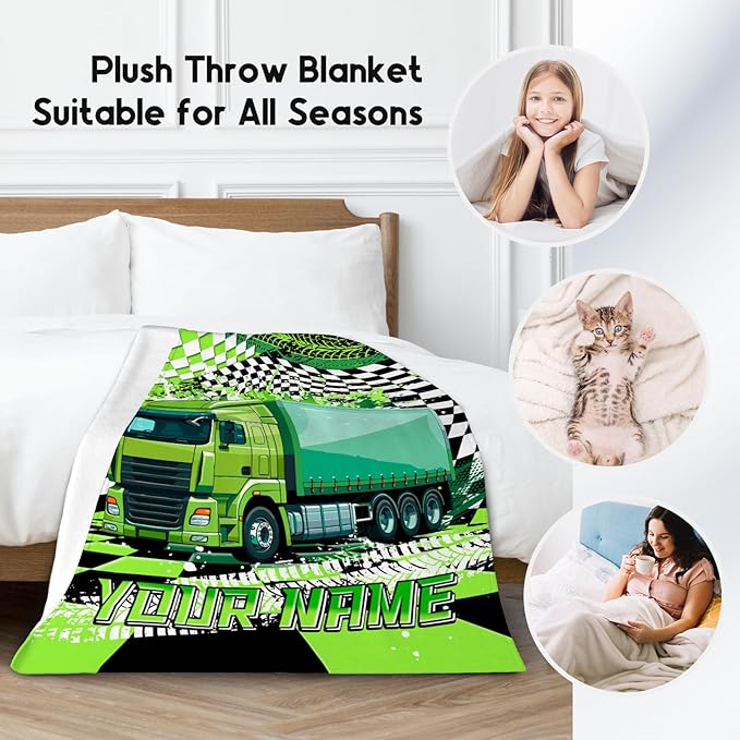 Personalized Boys Blanket, Truck Blankets for Kids, Custom Gifts with Name, Construction Truck Throw, Cozy Flannel Toddler Throws for Boys, 50"x60"