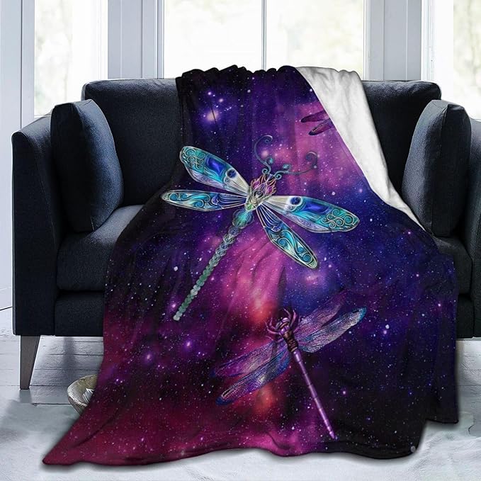 Dragonfly Throw Blanket Flannel Fleece Galaxy Starry Sky Cozy Plush Ultra Soft Warm Blankets Fuzzy Party Blanket Caring Gifts for Girls Women Men Boys 50"X40"