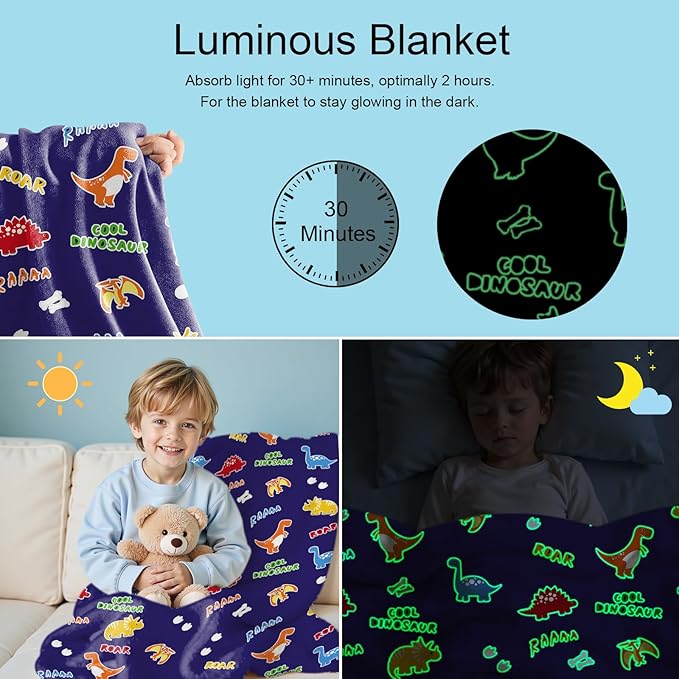Dinosaur Glow in The Dark Blanket Dinosaur Toys Gifts for Boys Girls 1 2 3 4 5 6 7 8 9 10 11 12 Year Old Kids Blanket with Dino Soft Fleece Bed Couch Throw Home Decor (Navy Blue 60"x80")