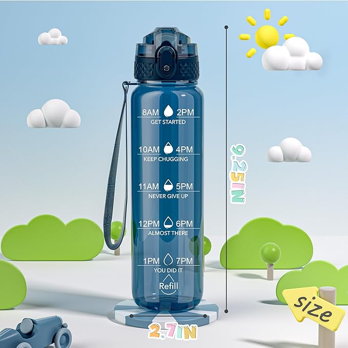 OLDLEY 17oz Kids Water Bottle for school Girls Boys, Motivational Water Bottles With Silicone Straw, Leak-Proof Tritan BPA-Free, Reusable water bottles for kids, Slate Blue