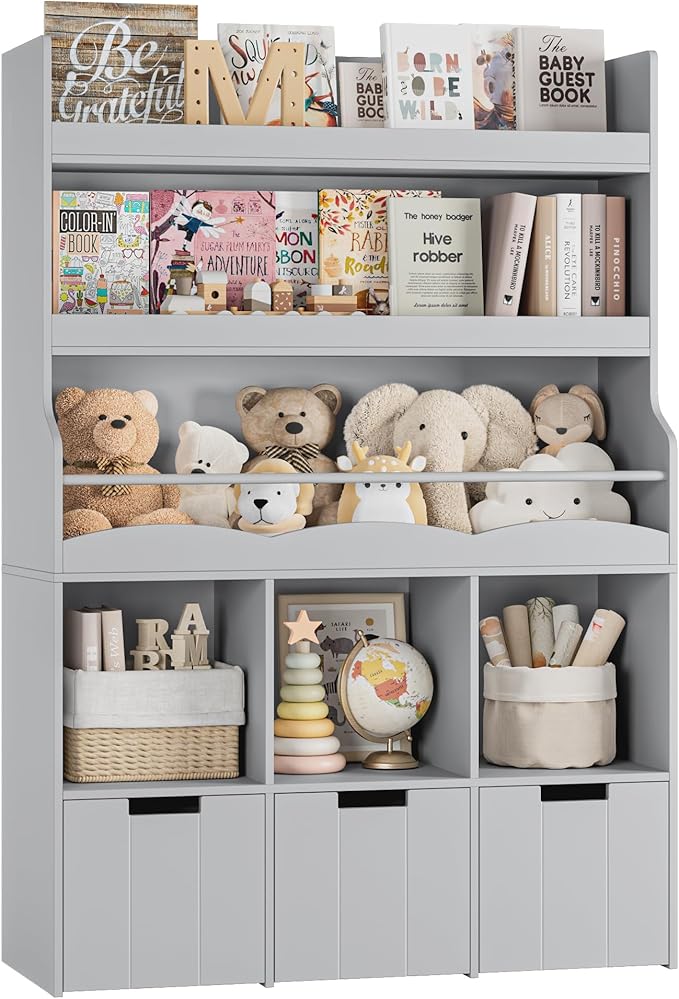 HITHOS 55.3" H Kids Bookshelf with Toy Storage Organizer, Tall Book Shelf with 3 Movable Toy Storage Bins, Large Kids Bookcase with Toy Chest, 39.2" W Modern Toys Box for Kid Room, Playroom, Gray