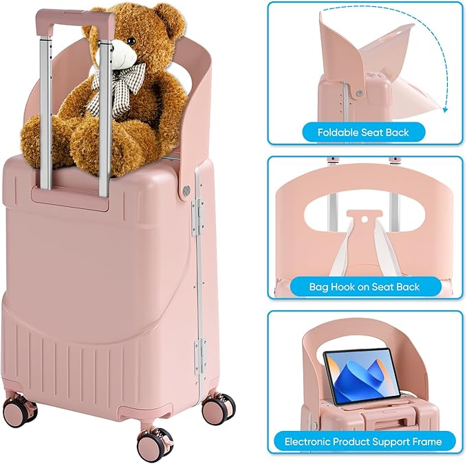 20'' Luggage with Child Seat, Ride On Suitcase with Shockproof Silent Spinner Wheels, TSA Lock, Carry On Luggage with Foldable Backrest, Bag Hook for Kids.