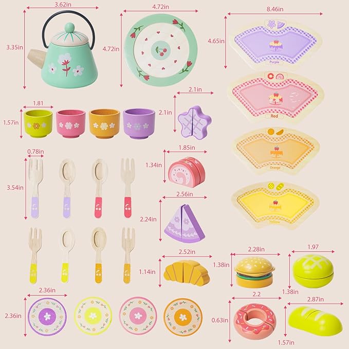 JAUNTY Tea Party Set Toy for Girl 3 4 5 Years Old, Wooden Pretend Play Kitchen Toy Food for 3 Year Old Little Girls , Great Educational 1st Birthday for 3-5 Toddler Girls Boys