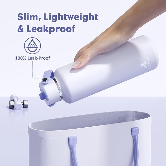 POWCAN 24 oz Slim Insulated Water Bottle: Leakproof, Lightweight, Cold for 24H, Double Walled Stainless Steel Water Bottle with Straw for Travel, Hiking, Biking, Sport, Outdoors (Lupine Haze)