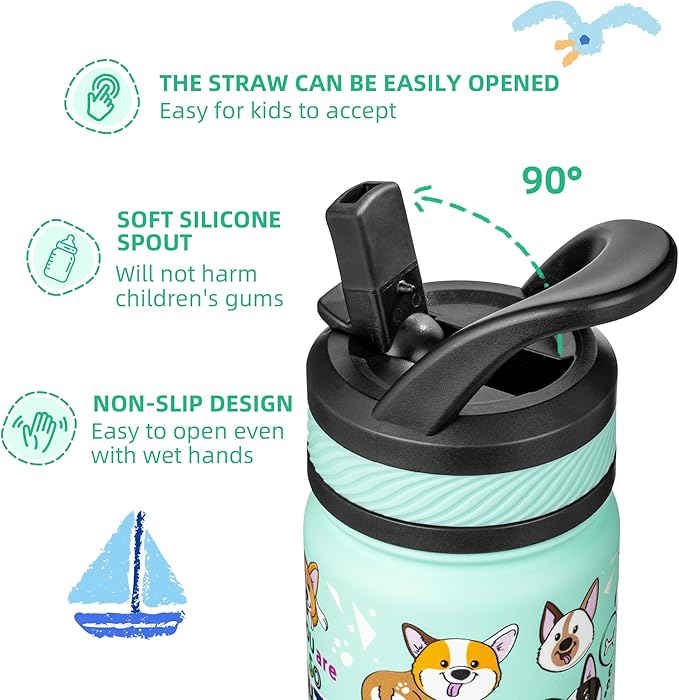 Fanhaw 14 Oz Kids Insulated Water Bottle with Straw - Stainless Steel Double Wall Vacuum Cup, Leakproof, BPA Free, Suitable for Boys and Girls(Green - Dogs)