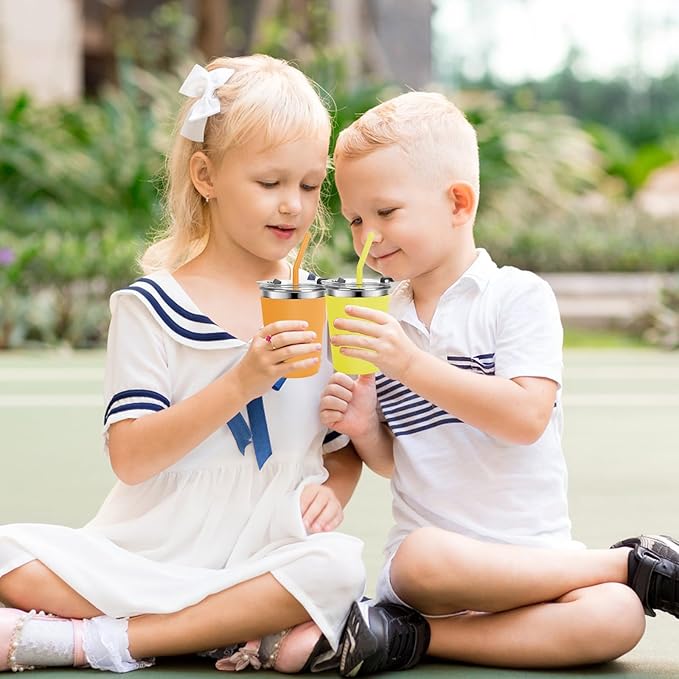 Kids Cups with Straws and Lids Leak Proof, 12oz Sippy Cups for Toddlers 1-3, 4 Pack Spill Proof Cup Stainless Steel Kids Cups with Lids for School, Outdoor