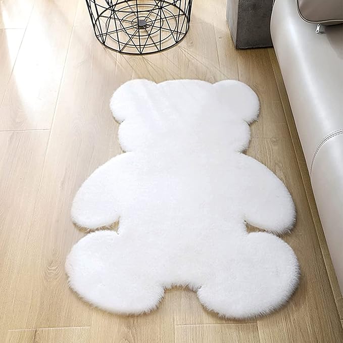 2ft White Small Bear Shag Rug, Soft Fluffy Faux Sheepskin Fur Rug Fuzzy Shaggy Area Rug Cute Plush Carpet for Nursery Kids Girls Bedroom Room Aesthetic Living Room Floor Home Decor, White