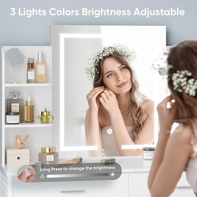 Vyre Metal Vanity Desk with Hooks, White Makeup Table with Mirror and Light, Adjustable Brightness, 2 Large Drawers, 6 Open Shelves, Vanity Set with Chair for Bedroom, Girls