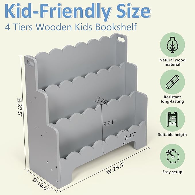 Kids Bookshelf Wooden 3-Tier, Scalloped Book Shelf for Kids Rooms, Front Facing Toddler Montessori Bookshelf, Baby Nursery Book Shelves Kid Classroom Book Shelf Bookcase
