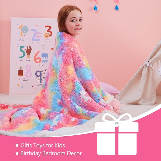 QSTEHEML Unicorns Glow in The Dark Blanket,Unicorn Gifts Sherpa Fleece Throw Blanket for Girls Age 3-12 Year Old, for Teens- Christmas Birthday Bedroom Decor 50"×60"